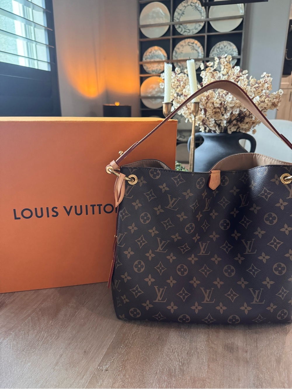 Louis Vuitton Monogram Canvas Shoulder Bag in Brown with Tan Trim
